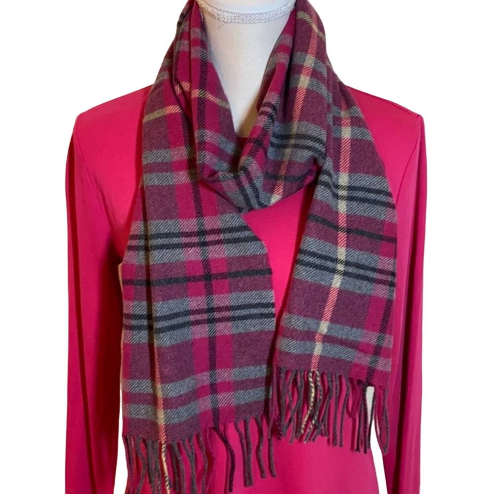 Unisex Pink and Gray Plaid Cashmere Scarf with Fringe